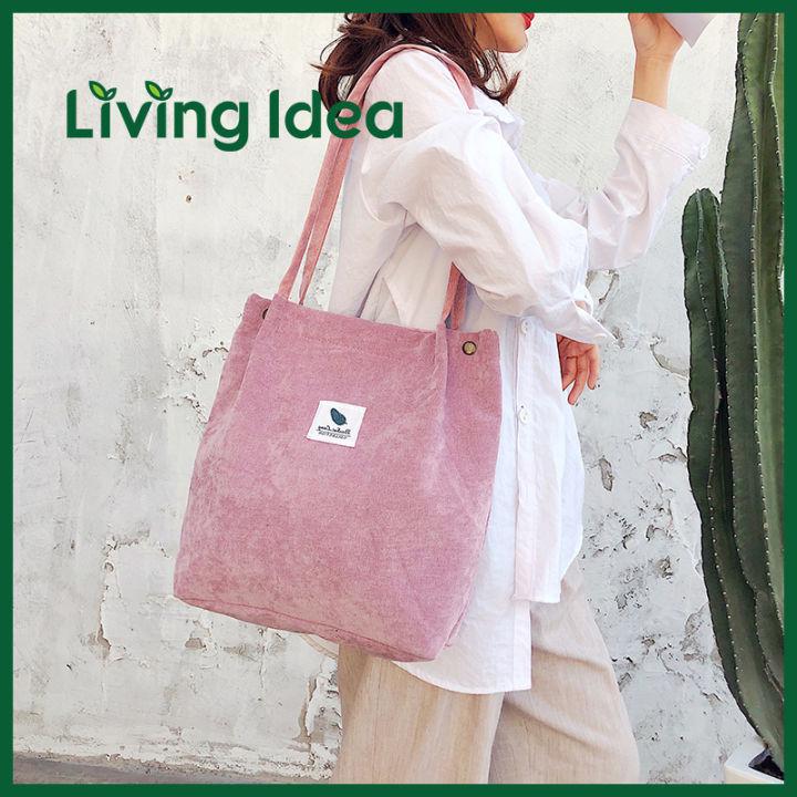 Living idea กระเป๋าผ้าลูกฟูกสะพายข้าง กระดุมปิด สไตล์วินเทจ