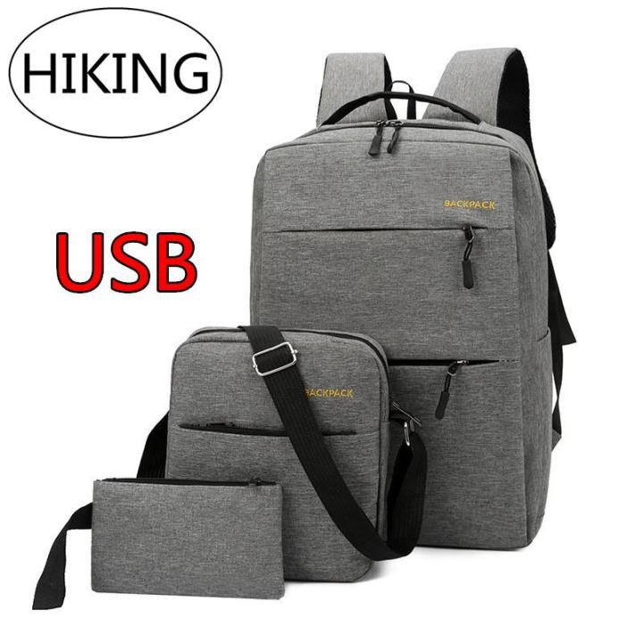 HIKING Multifunction USB charging （three-piece） แฟชั่นกระเป๋าสะพายชายเยาวชนกระเป๋าเป้สะพายหลังกระเป๋านักเรียน กระเป๋าเดินทาง แบคแพ็ค Back pack กระเป๋าสะพายพาดลำตัว