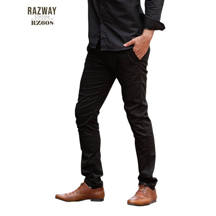 Razway กางเกงสแล็คชาย ผ้ายืดนุ่ม ทรงกระบอกเล็ก สีดำ รุ่น RZ608