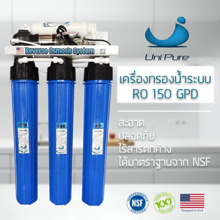 Unipure เครื่องกรองน้ำดื่ม 5 ขั้นตอน 150 300 400 GPD ระบบ RO 20 นิ้ว เครื่องกรองน้ำ กำลังการผลิตน้ำ 500 1,100 1,480 ลิตร/ต่อวัน