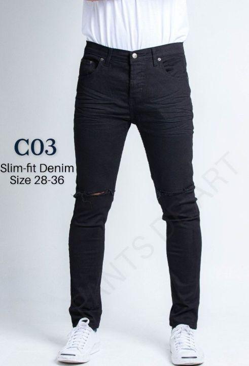 CHP Slim-Fit Denim No. C03 สีดำSuperblack ขาดเข่า ผ้ายีนส์ยืด Size 28-36
